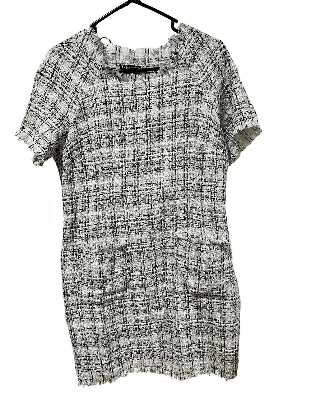 SHEIN SzL (tag size 8/10) White, Black, Metallic Checkered Tweed-Look Mini Dress
